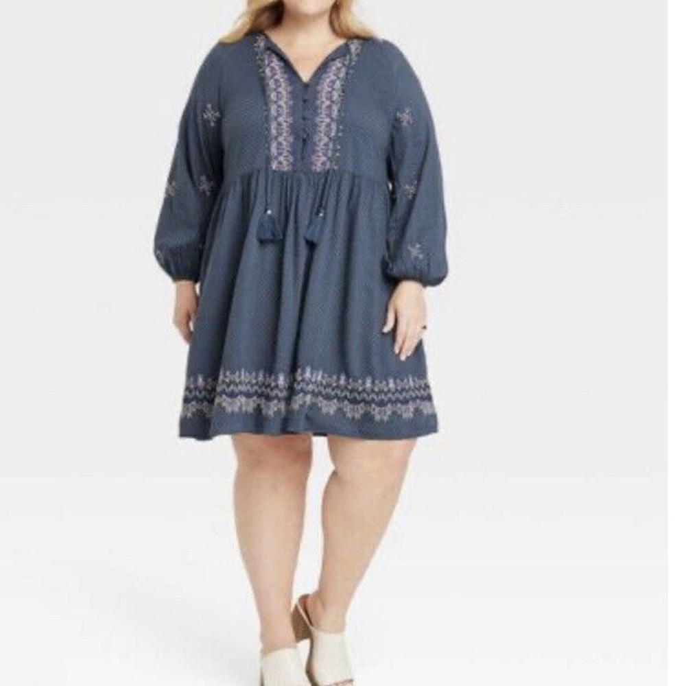 NWT Knox Rose Blue Gray Embroidered babydoll dress with tassels plus size xxl